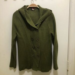 Cute green, double button, long, hooded Liv brand sweater, size XL